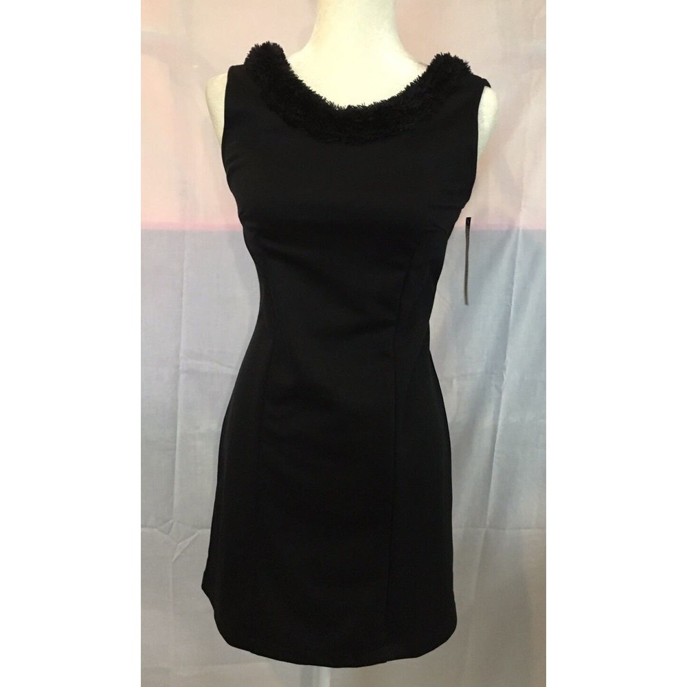 Derek Heart Couture Black Sleeveless Dress Medium Fur V Neck Sheath Shift Party
